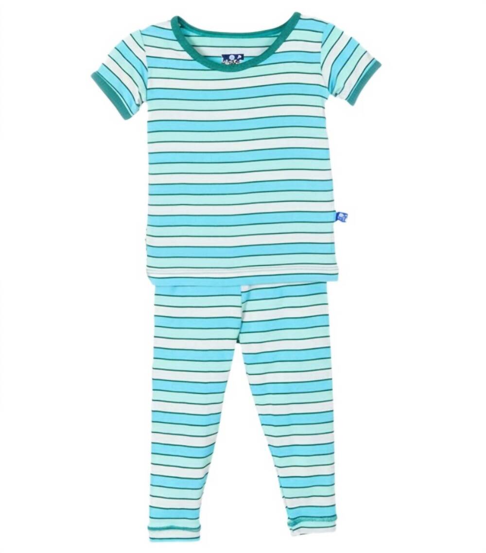 NEW KICKEE kids short sleeve tropical stripe pajama set in turquoise